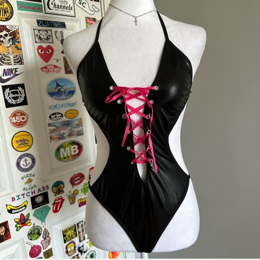 Black and Pink Lace-Up Bodysuit